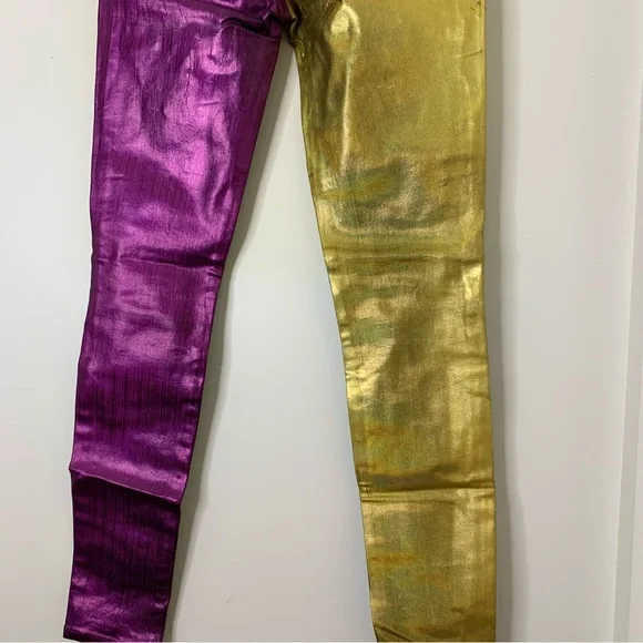 Rare J BRAND Metallic Foil Colorblock Aqua/Lime/Purple/Gold Skinny Jeans size 26